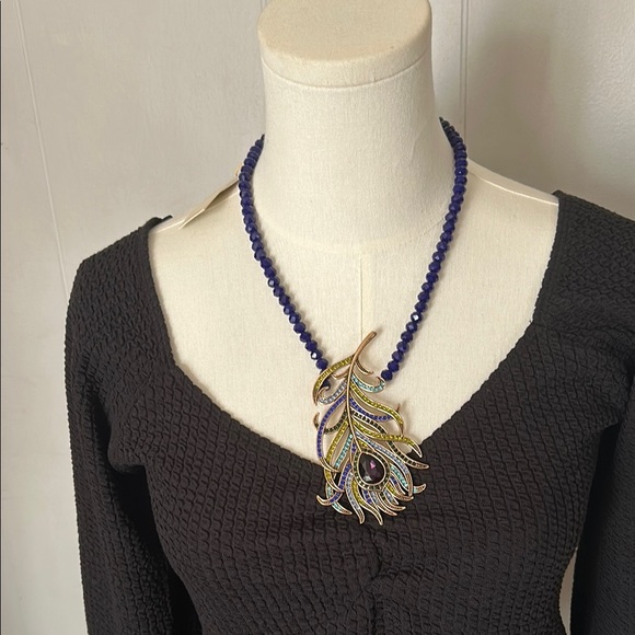Artistic Blue and Gold Statement Necklace with Sculptural Design - Picture 1 of 8